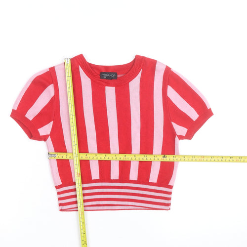 Topshop Women Red Pink Striped Cotton Short Sleeve Jumper UK 10