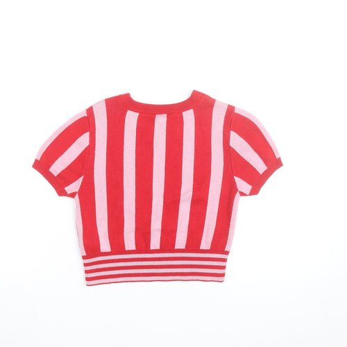 Topshop Women Red Pink Striped Cotton Short Sleeve Jumper UK 10