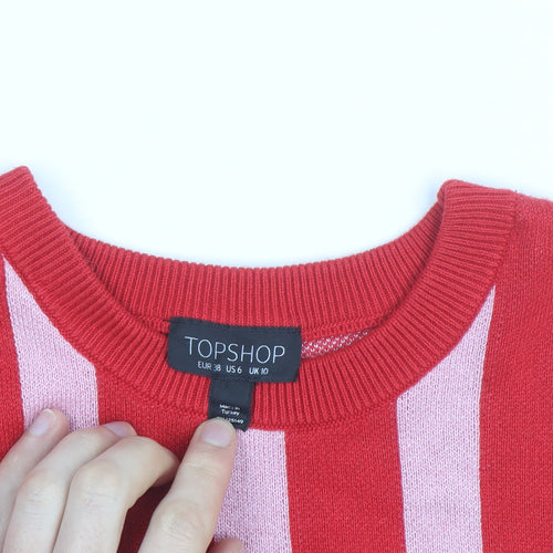Topshop Women Red Pink Striped Cotton Short Sleeve Jumper UK 10