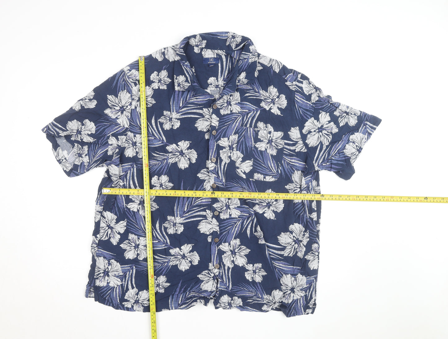 George Men’s Blue Floral Hawaiian Cotton Short Sleeve 2XL Shirt