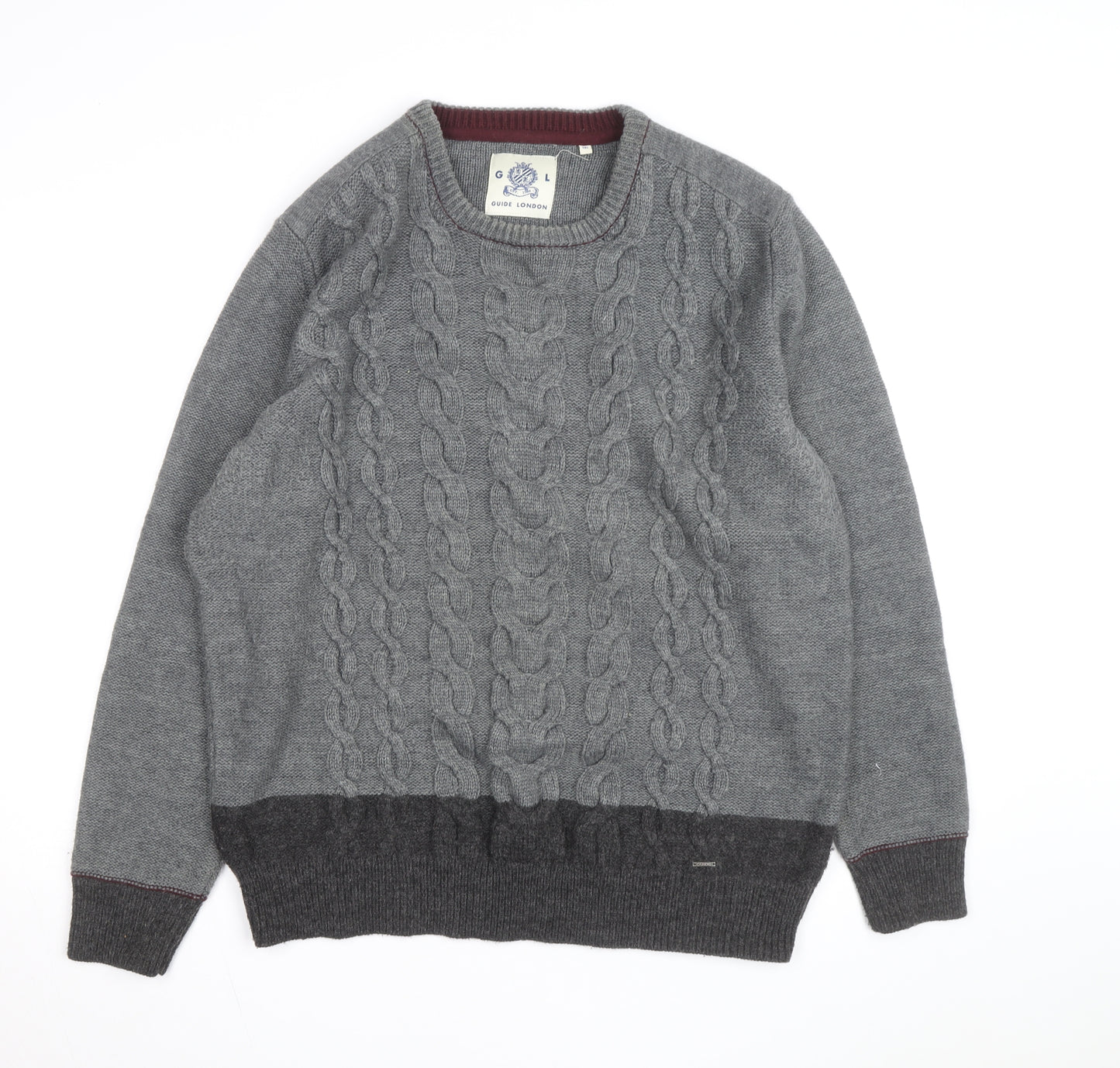 Guide London Men's Grey 3XL Cable-Knit Wool Blend Jumper