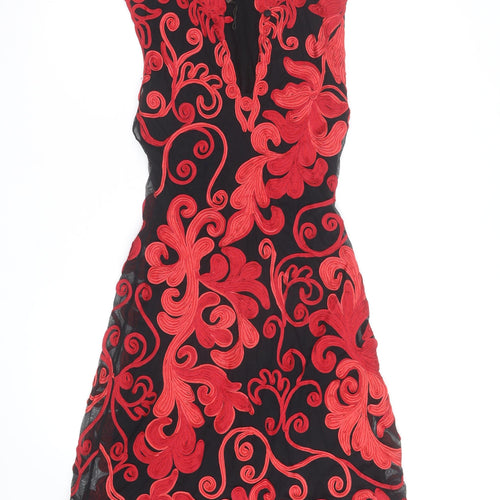 Phase Eight Women’s Black Red Embroidered Sheath Dress Size 10