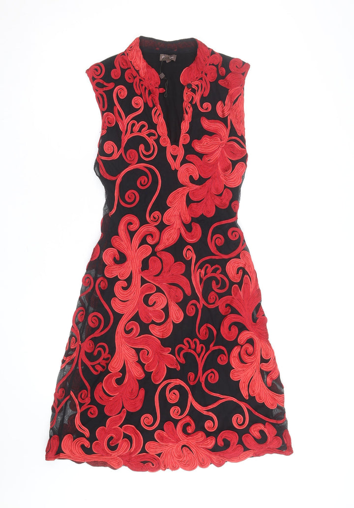 Phase Eight Women’s Black Red Embroidered Sheath Dress Size 10