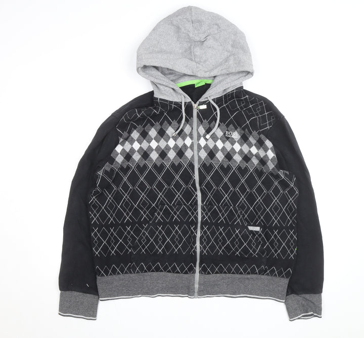 BOSS Mens Black Argyle Full Zip Hoodie XL Classic Knit Sweatshirt