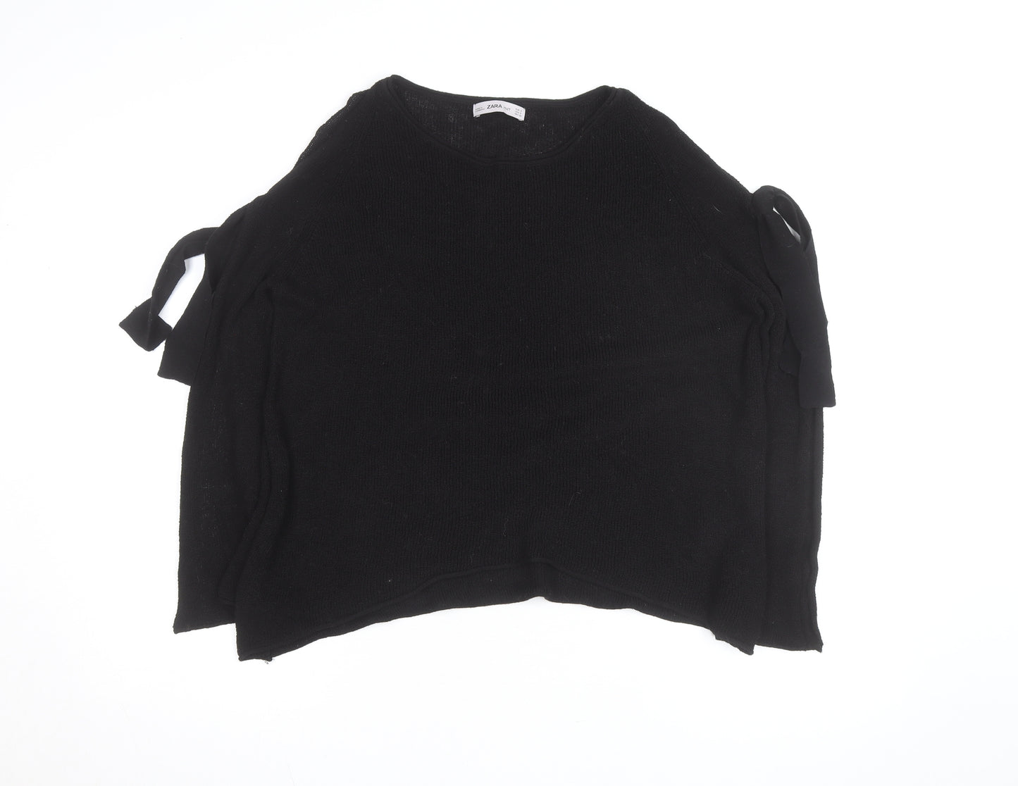 Zara Women Black Knit Jumper Size 10 Bow Sleeve Classic Style