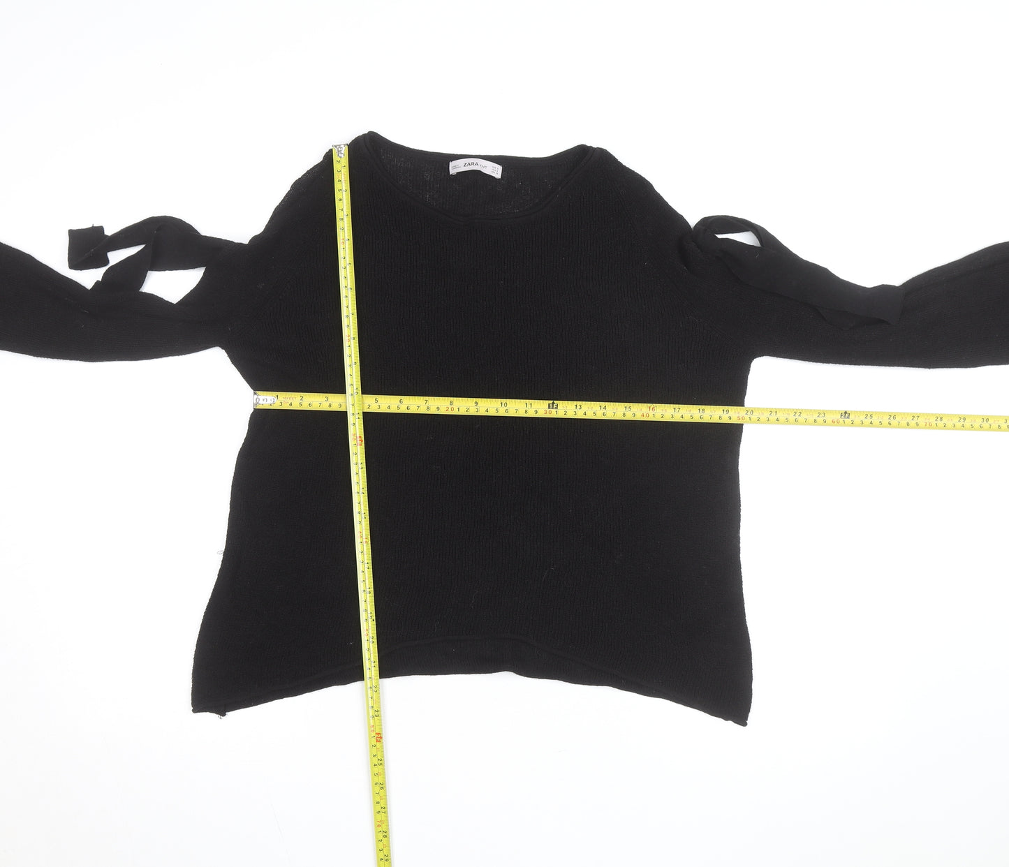 Zara Women Black Knit Jumper Size 10 Bow Sleeve Classic Style