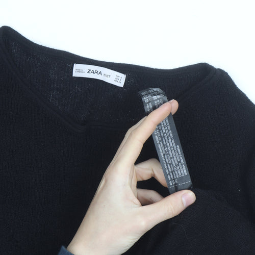Zara Women Black Knit Jumper Size 10 Bow Sleeve Classic Style