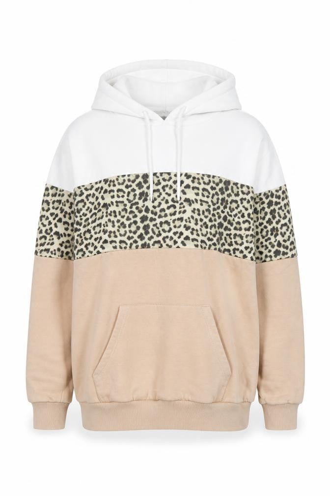 Front view of Next women’s beige leopard print hoodie, size UK 12, cotton blend pullover