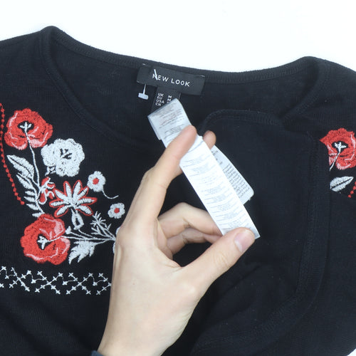 New Look Women Black Floral Embroidered Pullover Jumper M