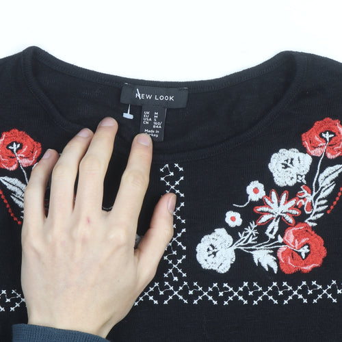 New Look Women Black Floral Embroidered Pullover Jumper M