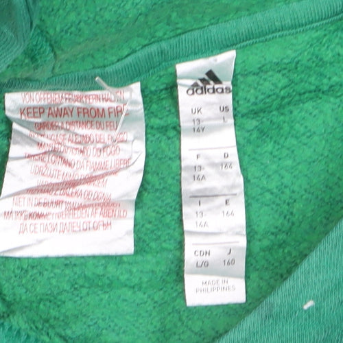 Adidas Boys Green Pullover Hoodie 13-14 Years Cotton Blend Casual