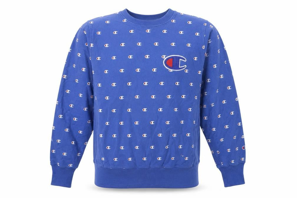 Front view of Champion Men's Blue Large Reverse Weave Logo Pullover Sweatshirt