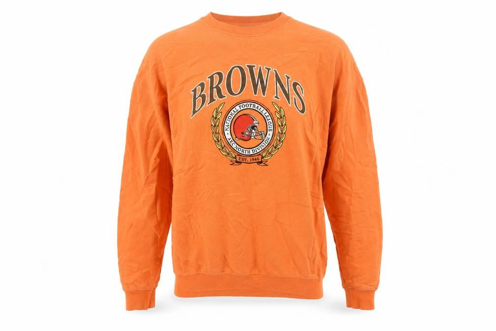 Front view of NFL Team Apparel men’s orange xs pullover sweatshirt crew neck browns logo