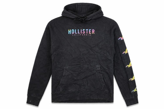 Front view of Hollister Men’s Black Pullover Hoodie L Logo Graphic Fleece Sweatshirt