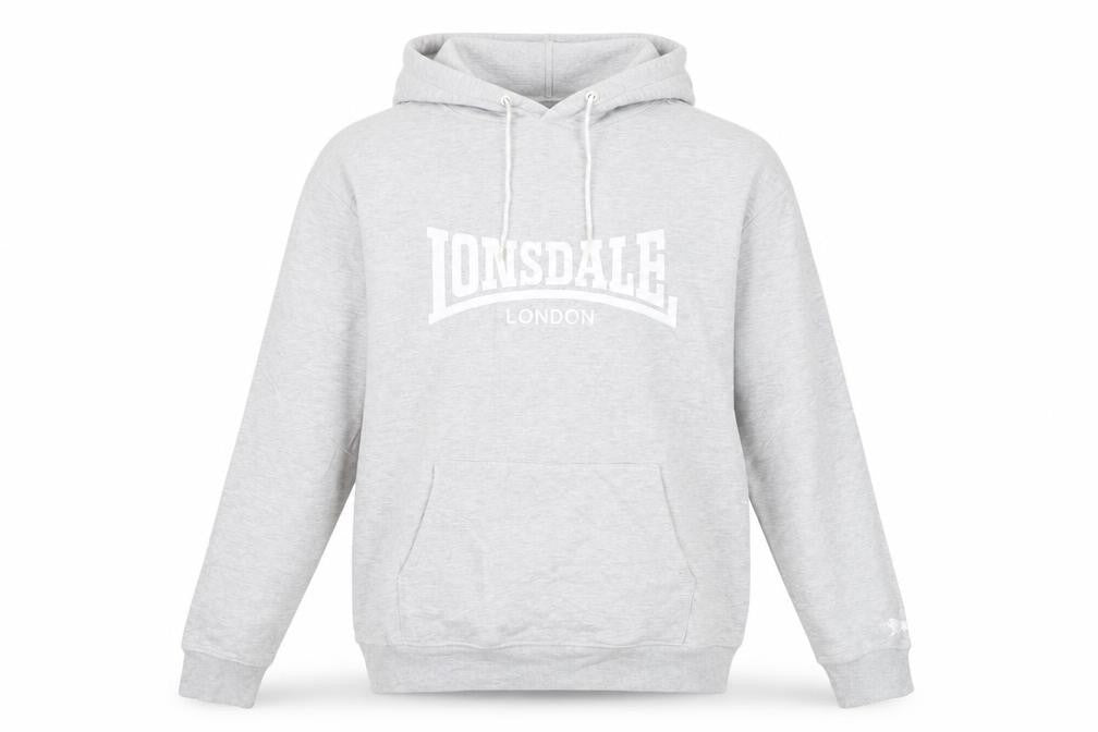 Front view of Lonsdale men’s grey pullover hoodie medium sports fleece