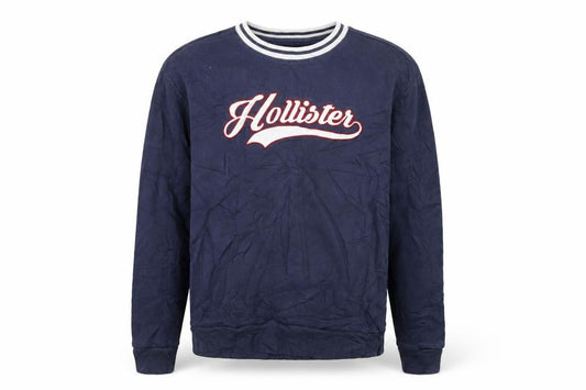Front view of Hollister Men's Blue Logo Pullover Sweatshirt L Relaxed Fit