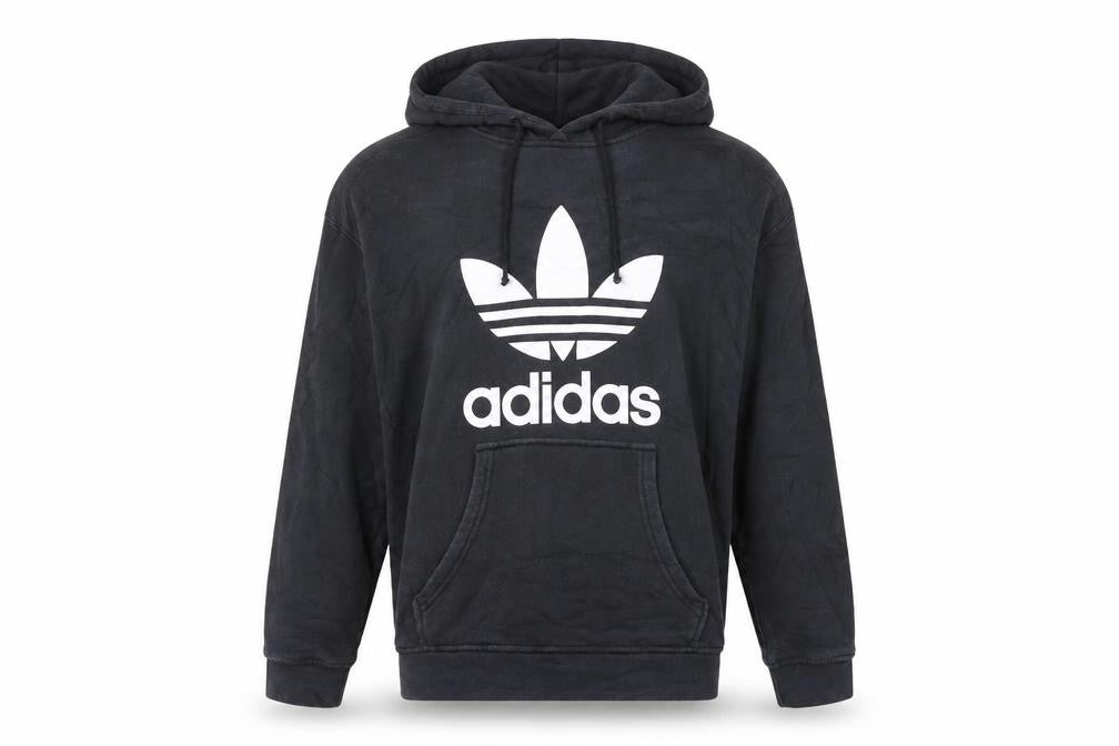 Front view of Adidas men’s black xl pullover hoodie with logo graphic print