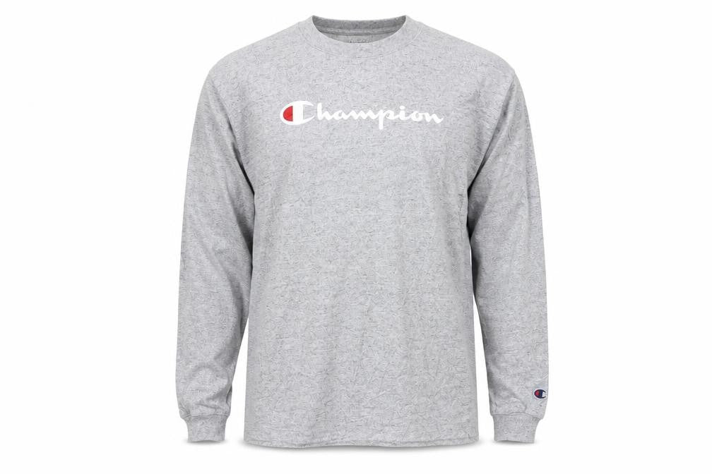 Front view of Champion Men's Grey Small Pullover Sweatshirt with Logo