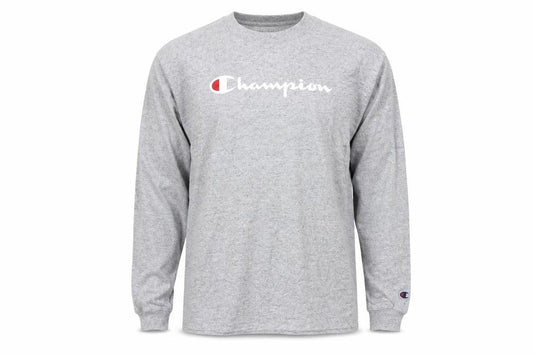 Front view of Champion Men's Grey Small Pullover Sweatshirt with Logo