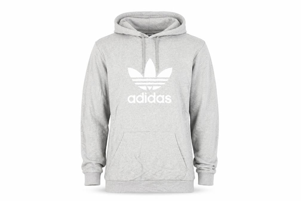 Front view of Adidas Men's Grey Pullover Hoodie M Logo Fleece Sweatshirt