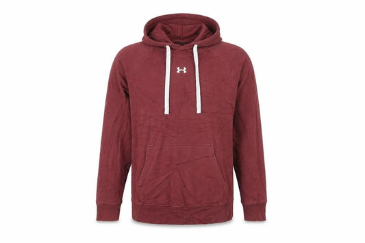 Front view of Under Armour Men's Red Pullover Hoodie, size L, Relaxed Fit