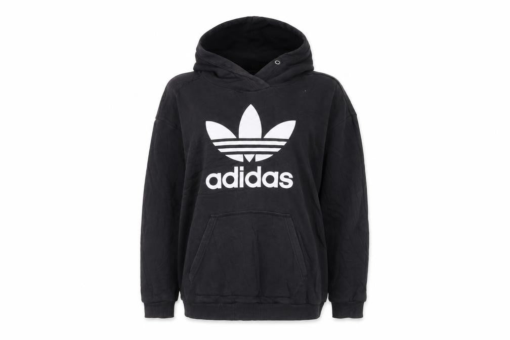 Front view of Adidas Women Black Trefoil Pullover Hoodie, size 10, Cotton Blend
