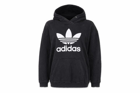 Front view of Adidas Women Black Trefoil Pullover Hoodie, size 10, Cotton Blend