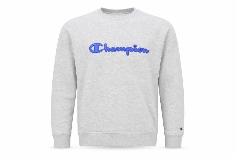 Front view of Champion Men's Grey Crew Neck Embroidered Logo Sweatshirt M