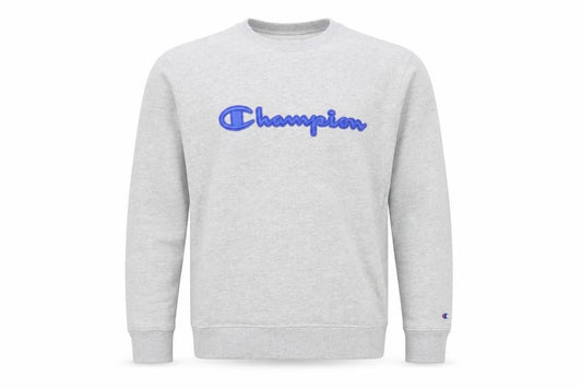 Front view of Champion Men's Grey Crew Neck Embroidered Logo Sweatshirt M