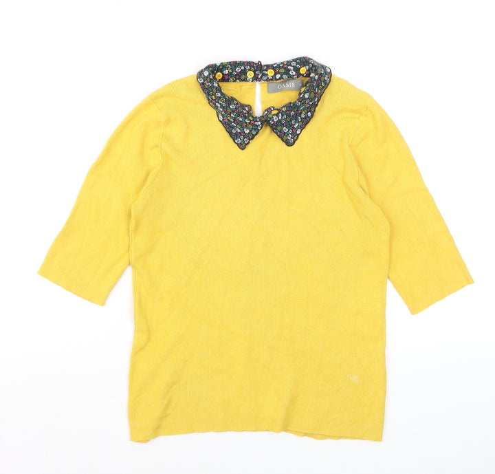 Oasis Women Yellow Collared 3/4 Sleeve Pullover Jumper Size M