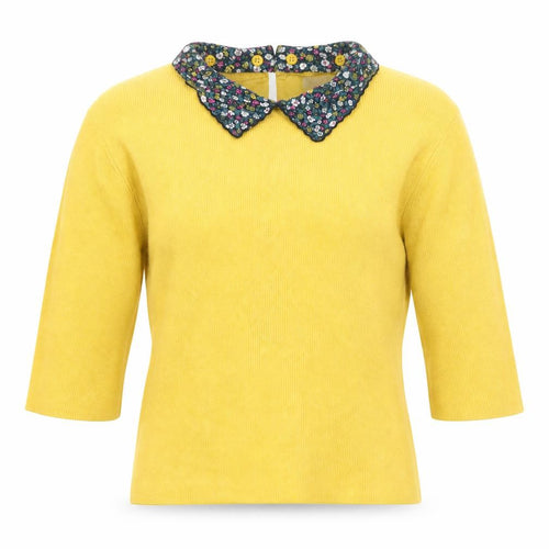 Oasis Women Yellow Collared 3/4 Sleeve Pullover Jumper Size M