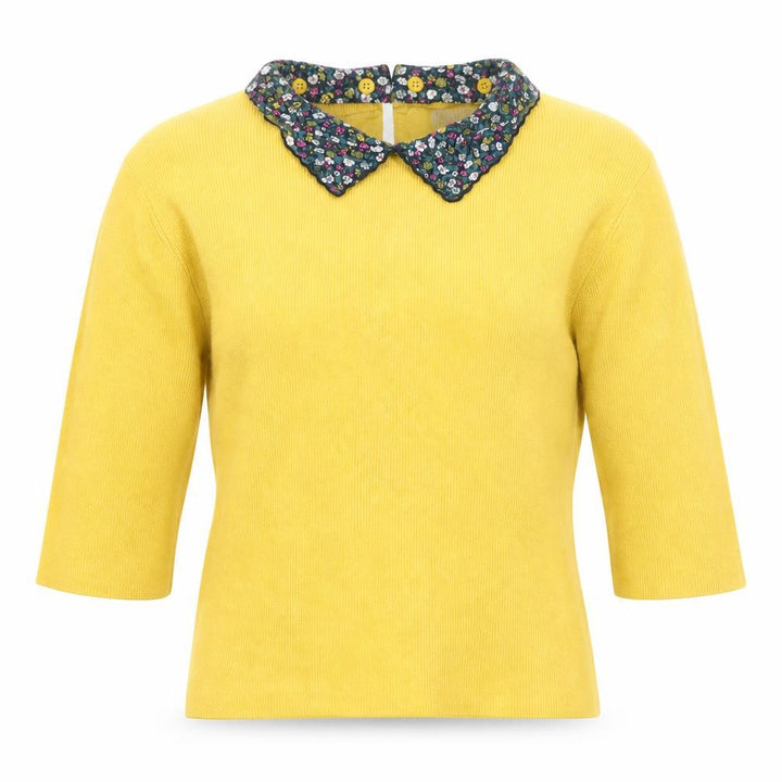 Oasis Women Yellow Collared 3/4 Sleeve Pullover Jumper Size M