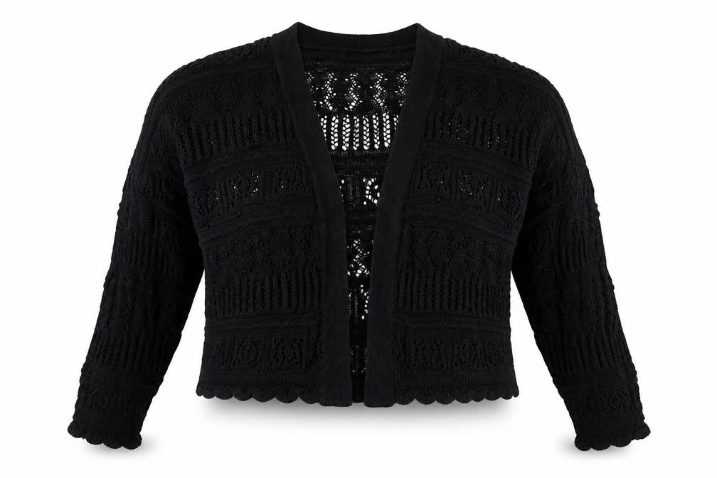 Front view of Yours Women Black Plus, size 22, Open Knit V-Neck Cardigan