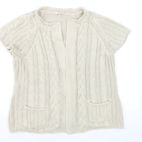 CC Women’s Beige Linen Cotton Short Sleeve Cable Knit Open Cardigan L