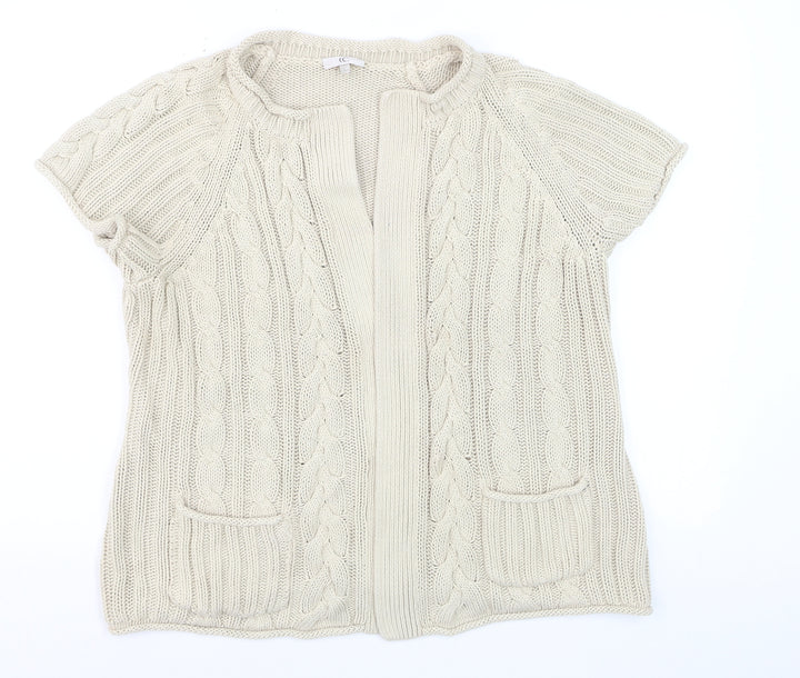 CC Women’s Beige Linen Cotton Short Sleeve Cable Knit Open Cardigan L