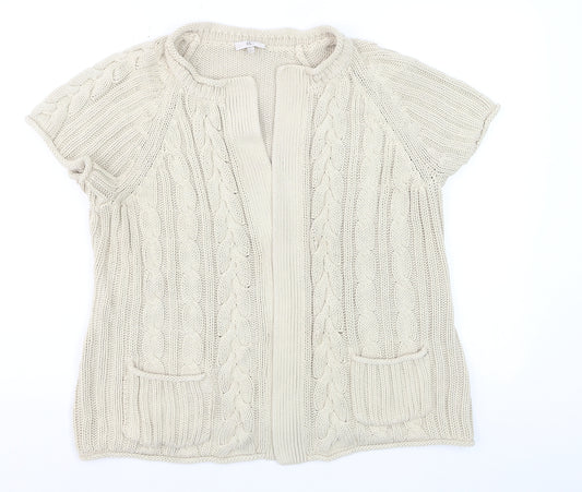 CC Women’s Beige Linen Cotton Short Sleeve Cable Knit Open Cardigan L