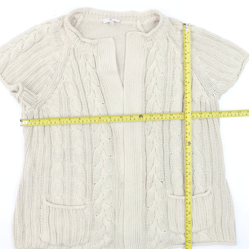 CC Women’s Beige Linen Cotton Short Sleeve Cable Knit Open Cardigan L
