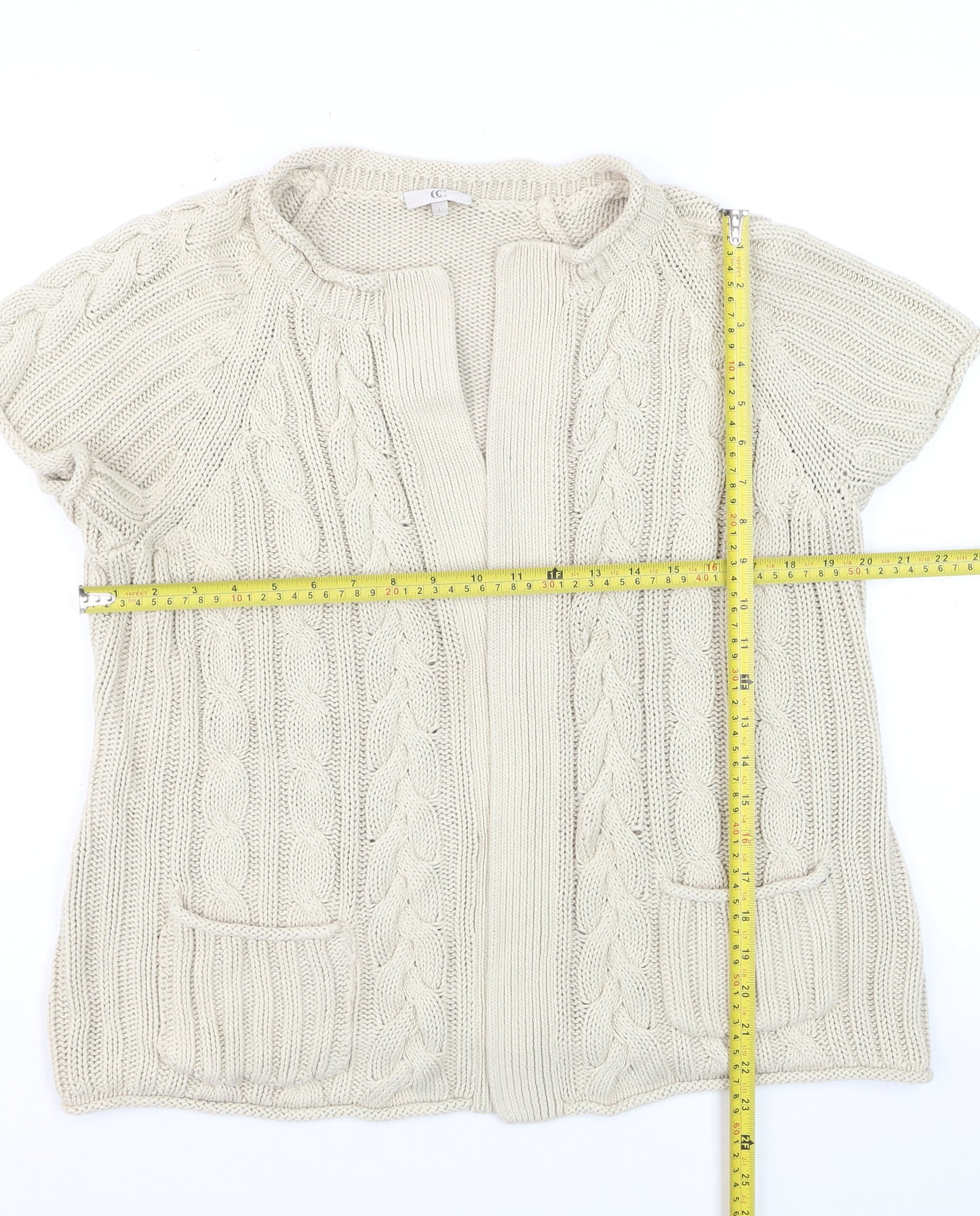 CC Women’s Beige Linen Cotton Short Sleeve Cable Knit Open Cardigan L