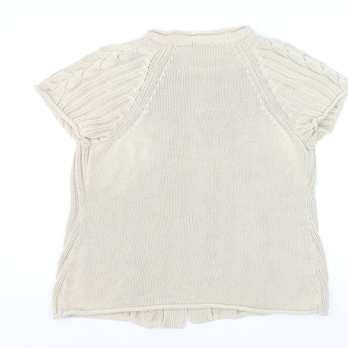 CC Women’s Beige Linen Cotton Short Sleeve Cable Knit Open Cardigan L