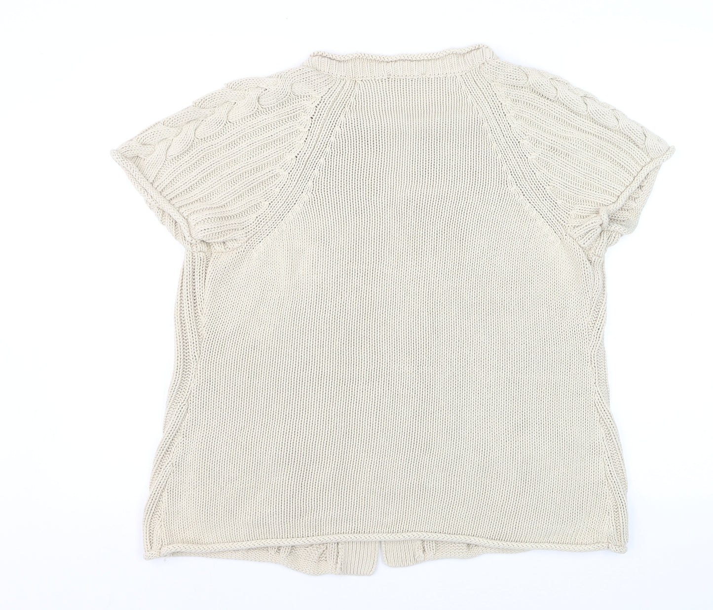 CC Women’s Beige Linen Cotton Short Sleeve Cable Knit Open Cardigan L