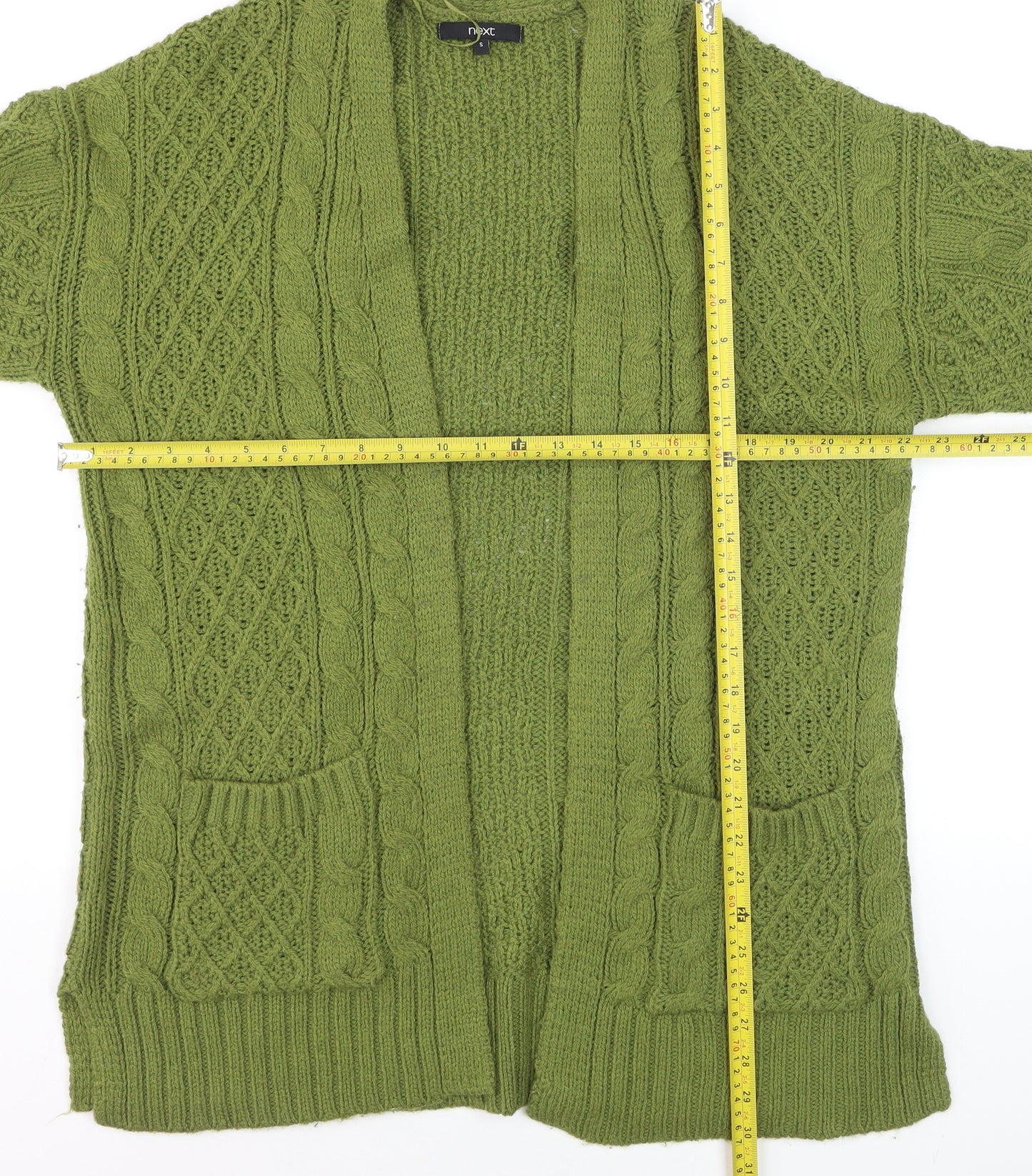 Next Women Green Cable-Knit Open Cardigan S Wool Blend