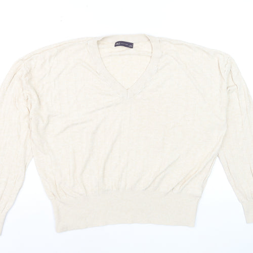 Marks and Spencer Women Beige V-Neck Long Sleeve Jumper L Linen Blend