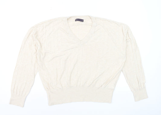 Marks and Spencer Women Beige V-Neck Long Sleeve Jumper L Linen Blend