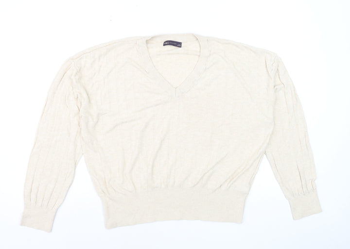 Marks and Spencer Women Beige V-Neck Long Sleeve Jumper L Linen Blend