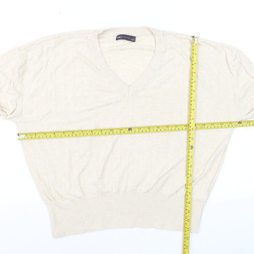 Marks and Spencer Women Beige V-Neck Long Sleeve Jumper L Linen Blend