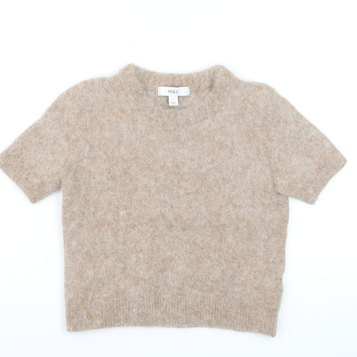 Marks and Spencer Women Beige Short Sleeve Wool Blend Pullover Jumper S