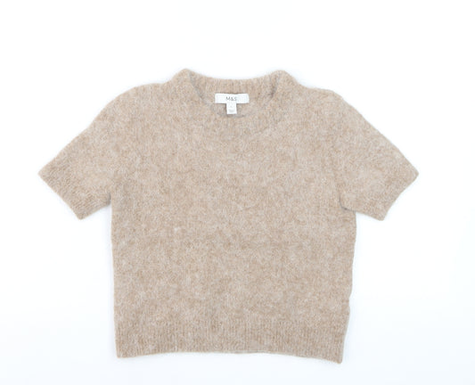 Marks and Spencer Women Beige Short Sleeve Wool Blend Pullover Jumper S