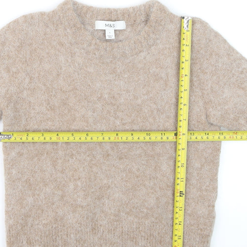 Marks and Spencer Women Beige Short Sleeve Wool Blend Pullover Jumper S