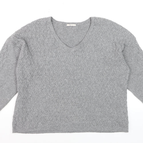 Tu Women Grey Cable-Knit V-Neck Long Sleeve Jumper Size 16