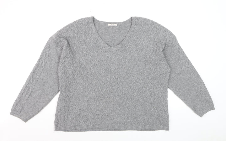 Tu Women Grey Cable-Knit V-Neck Long Sleeve Jumper Size 16